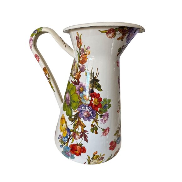 Mackenzie-Childs White Flower Market Large 12 Inch Tall Practical Enamel Pitcher - Picture 2 of 8